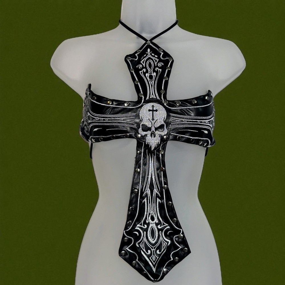 XS Black Cross Skull Backless‎ Halter Top Studded Leather Rave EDM Festival